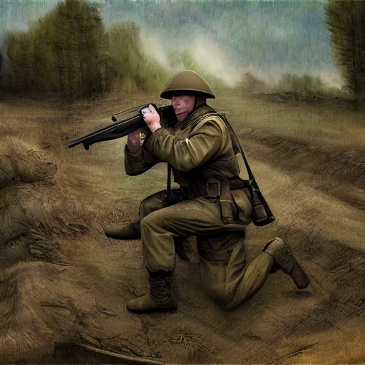 Image similar to putin with firearms, fighting in trenches somewhere in ukraine, highly detailed digital painting