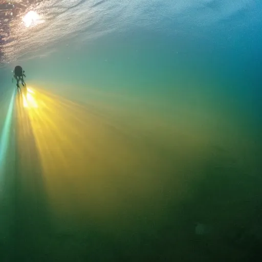 Prompt: ultrawide shot backlit ploughing the seabed underwater photo on gopro