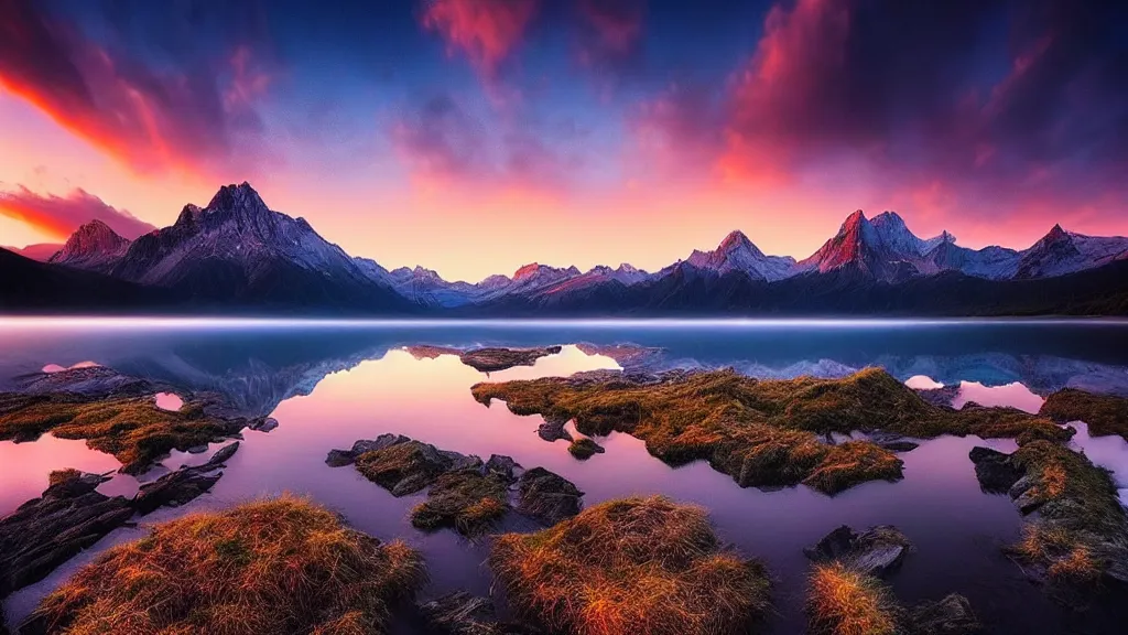 Image similar to amazing landscape photo of mountains with lake in sunset by marc adamus, beautiful dramatic lighting