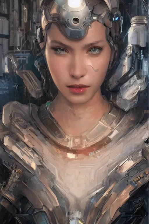 Prompt: Portrait of beautiful smiling Ultra realistic illustration, beautiful alluring female cyborg, cyberpunk, sci-fi, fantasy, intricate, elegant, highly detailed, digital painting, artstation, concept art, smooth, sharp focus, illustration, art by Yintion J , Jiang Geping and artgerm and greg rutkowski.