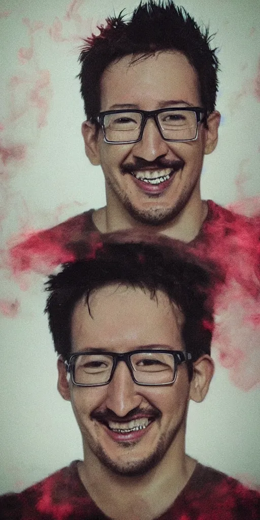 Image similar to “ a portrait of markiplier in a dark, foggy room, staring intently with an evil grin, and red eyes glowing the room ”