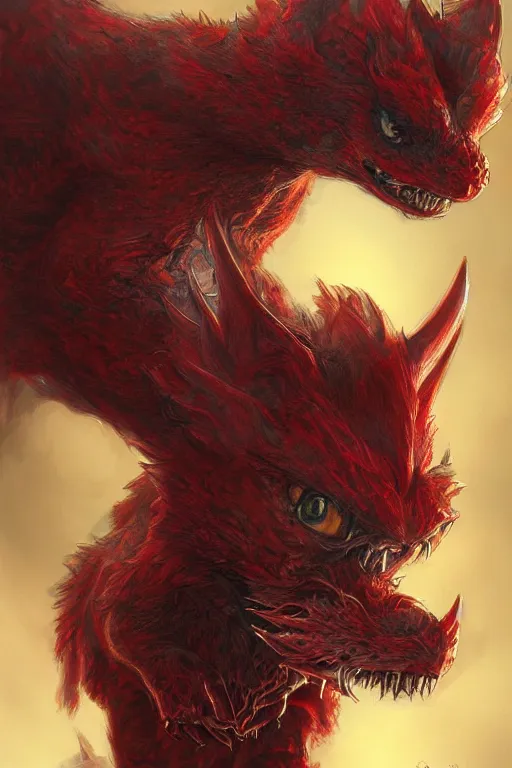 Image similar to Cute, fluffy, Draconian small red beast, intricate, elegant, highly detailed, centered, digital painting, artstation, concept art, smooth, sharp focus, illustration, art by artgerm and donato giancola and Joseph Christian Leyendecker, Ross Tran, WLOP