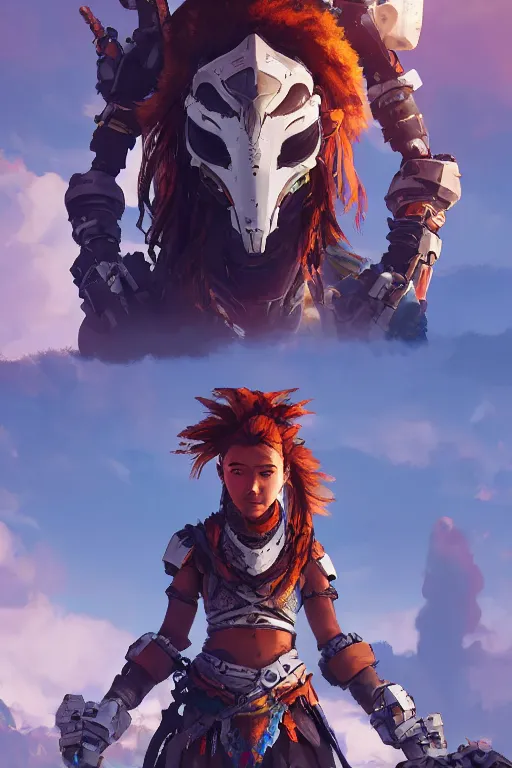 Image similar to combination suit armor aloy horizon forbidden west horizon zero dawn radiating a glowing aura global illumination ray tracing hdr fanart arstation by ian pesty and alena aenami artworks in 4 k tribal robot ninja mask helmet backpack