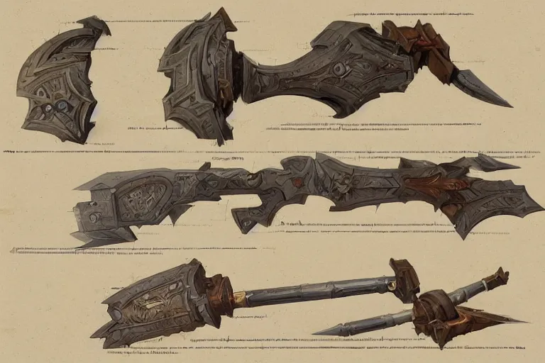 Image similar to schematic diagram of axes, dwarven, weapons, built, book, page, detailed, cross section, trending on artstation, cgsociety, Ralph McQuarrie and Greg Rutkowski