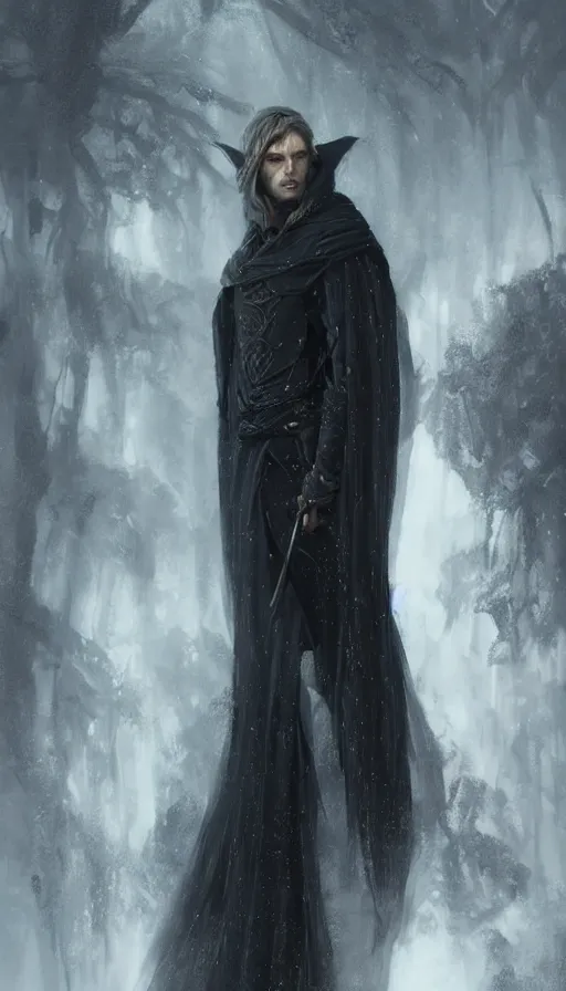 Image similar to Portrait of an elven man wearing a black cloak, male, detailed face, fantasy, highly detailed, cinematic lighting, digital art painting by greg rutkowski