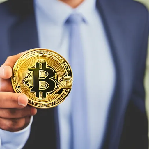 Prompt: businessman holding a happy bitcoin
