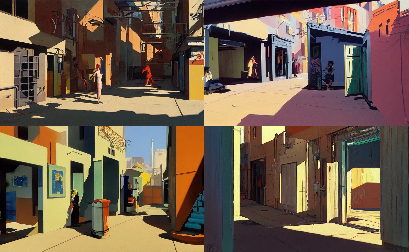 Prompt: a graffitied alleyway in the future, painting by Syd Mead and Edward Hopper