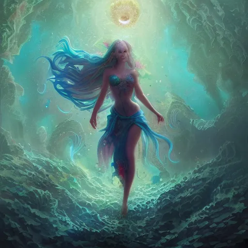 Image similar to i am attracting beautiful souls into my life 🌊✨🌸🌿, 8 k resolution detailed fantasy art, asymmetrical composition, anato finnstark marc simonetti lisa frank zbrush central gloomy midnight.