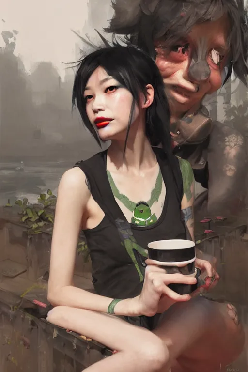 Image similar to portrait of a punk girl on a date with pepe! the frog! drinking coffee in the style of fenghua zhong and ruan jia and jeremy lipking and peter mohrbacher, extremely detailed digital painting, 8 k