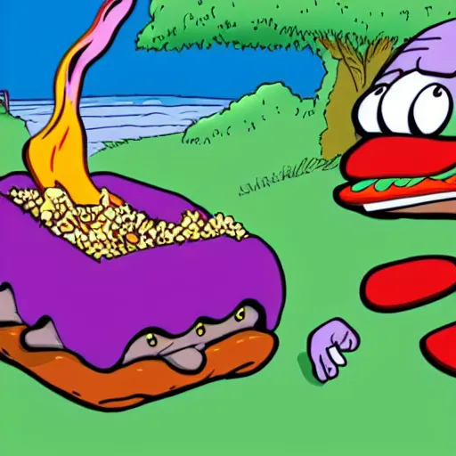 Prompt: grimace eats a McRib sandwich