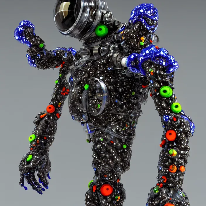 Image similar to a cybernetic symbiosis of a single astronaut mech-organic eva suit made of pearlescent wearing anodized thread knitted shiny ceramic multi colored yarn thread infected with kevlar,ferrofluid drips,carbon fiber,ceramic cracks,gaseous blob materials and diamond 3d fractal lace iridescent bubble 3d skin dotted covered with orb stalks of insectoid compound eye camera lenses orbs floats through the living room, film still from the movie directed by Denis Villeneuve with art direction by Salvador Dalí, wide lens,