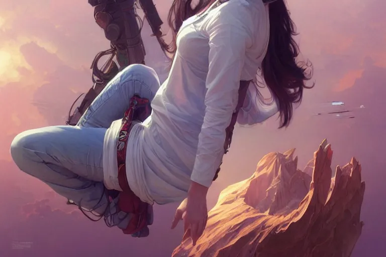 Image similar to Sensual good looking pale young Indian doctors wearing jeans in a space elevator above Earth, portrait, elegant, intricate, digital painting, artstation, concept art, smooth, sharp focus, illustration, art by artgerm and greg rutkowski and alphonse mucha