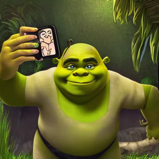 Prompt: shrek taking a selfie in a swimming pool in the middle of the jungle, highly detailed, digital painting, artstation, concept art