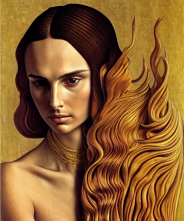 Image similar to Nathalie portman portrait by Sandro Botticelli and Moebius, 3/4 view, amber eyes, beautiful face, appealing long hair, fantasy, intricate, elegant, highly detailed, smooth, sharp focus, oil painted illustration by Sandro Botticelli and Moebius