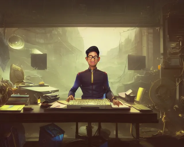 Image similar to an insanely detailed painting of a nerdy asian man wearing a superhero costume, sitting at a desk, staring at the nervously at the computer and typing, in the style of peter mohrbacher, dramatic lighting and composition, octane render, pixar, trending on artstation, concept art, comic book, view from behind