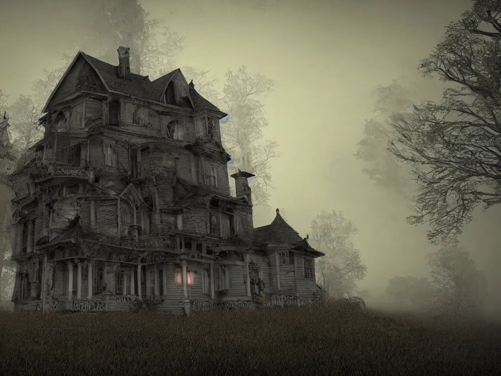 Prompt: house on the haunted hill, horror, creepy, surreal, dreamscape, high quality, ultradetailed, sharp, artstation, 8 k, volumetric fog