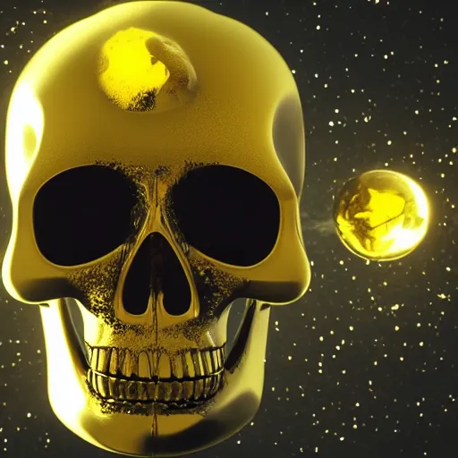 Image similar to golden skull floating in space, 3d render, DROELOE, digital illustration, computer render, 8K