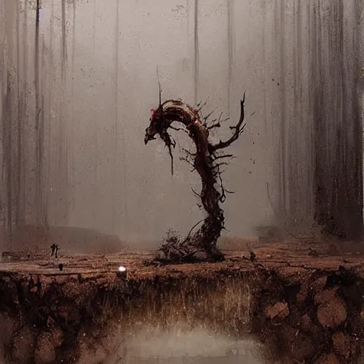 Image similar to painting by jakub rozalski of a muddy rooted humanoid creature with a big hole in the head