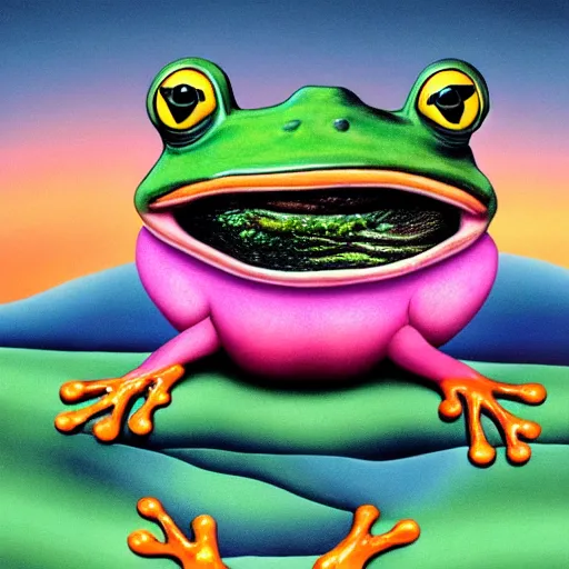 Prompt: a frog doing lsd and enjoying a moonrise, realistic, 4k, hyperdetailed, style of salvador dali