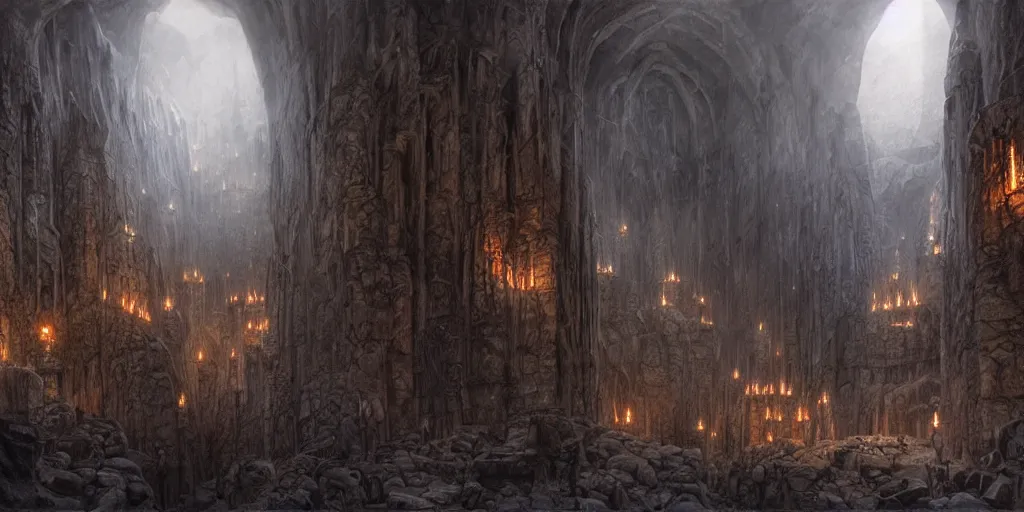 Prompt: Khazad-dûm in the Mines of Moria, detailed matte painting, cinematic, Alan Lee, Artstation