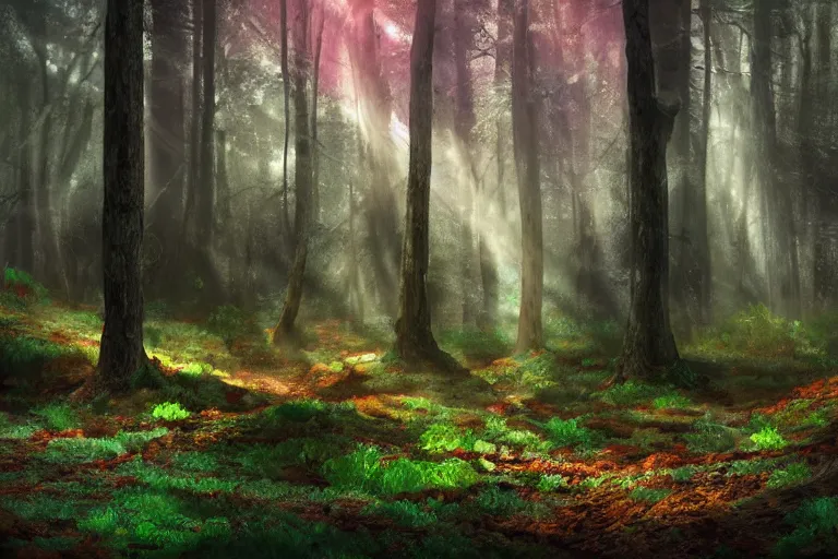 Image similar to deep moody forest made of candy, peppermint stick trees, cotton candy bushes, big colorful rock candy boulders, gumdrop mushrooms, chocolate creek, dark mood. mysterious realistic painting. photo collage, highly detailed, cinematic, hyperrealistic, artstation, dramatic lighting, god rays, clean crisp graphics, smooth sharp focus, extremely detailed