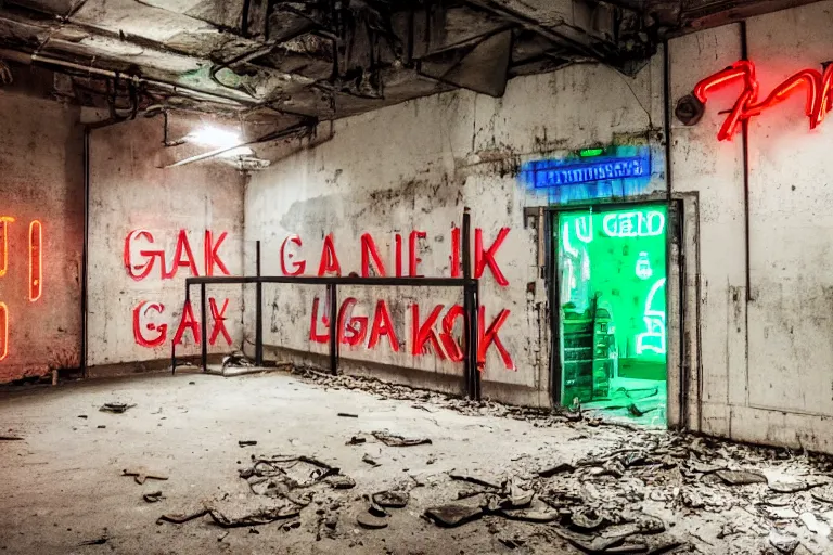 Image similar to abandoned industrial basement lit by a neon sign that says GAK