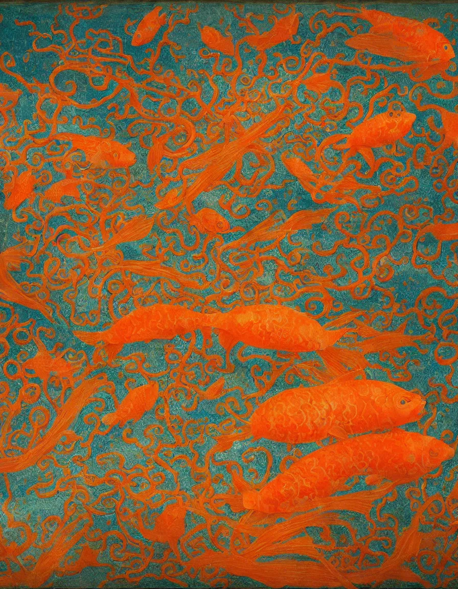 Image similar to transparent vase of coral in the sky and under the sea decorated with a dense field of stylized scrolls that have opaque orange outlines, with colorful shells and orange fishes, ambrosius benson, oil on canvas, hyperrealism, light color, no hard shadow, around the edges there are no objects