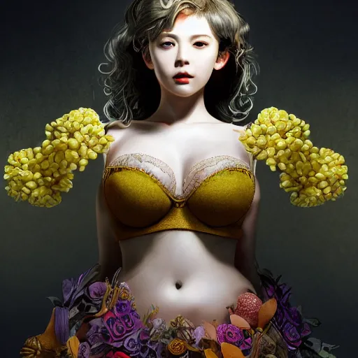 Image similar to the portrait of an absurdly beautiful, graceful, elegant, sophisticated, young gravure idol made up of lemons, an ultrafine hyperdetailed illustration by kim jung gi, irakli nadar, intricate linework, bright colors, octopath traveler, final fantasy, unreal engine 5 highly rendered, global illumination, radiant light, detailed and intricate environment