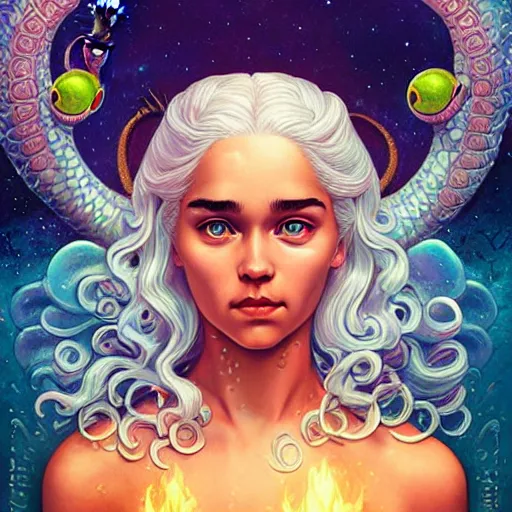 Prompt: cosmic underwater lofi daenerys targaryen portrait, queen of dragons, fire flaming dragon serpent, Pixar style, by Tristan Eaton Stanley Artgerm and Tom Bagshaw.