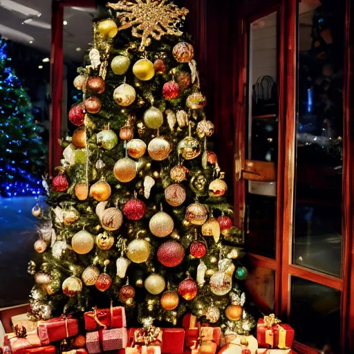 Prompt: a photo of a christmas tree decorated in various foods