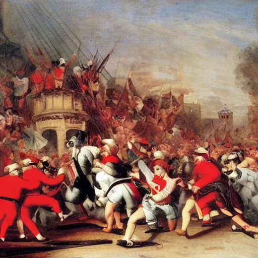 Prompt: obese maga trump supporters in red hats storming the bastille in 1 8 th century france oil painting