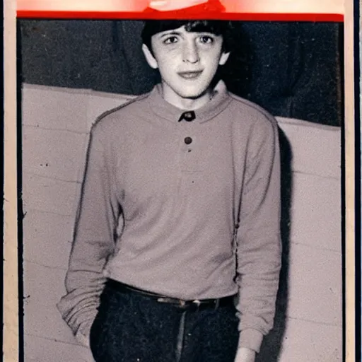 Image similar to a yearbook photo of Jughead Jones in 1966, he is wearing a whoopee cap