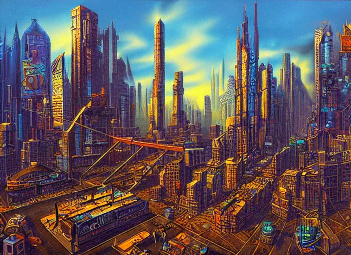 Prompt: a stone age cyberpunk cityscape by vladimir tretchikoff