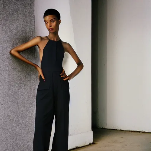 Prompt: realistic photoshooting for a new balenciaga lookbook, color film photography, portrait of a beautiful woman, woman is wearing a jumpsuit, in style of Tyler Mitchell, 35mm,