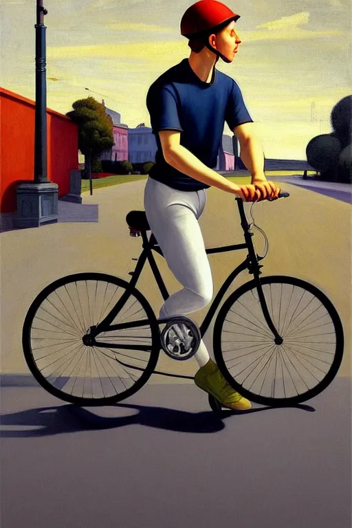 Image similar to young man riding a bicycle with a colorful energy, in the style of edward hopper, solarpunk, atmospheric, clean, intricate and epic composition, gray by caravaggio, insanely quality, highly detailed, masterpiece, white light, artstation, 4 k