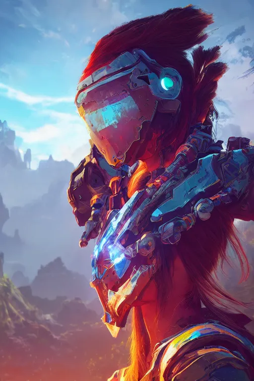 Image similar to combination suit armor aloy horizon forbidden west horizon zero dawn radiating a glowing aura global illumination ray tracing hdr fanart arstation by ian pesty and alena aenami artworks in 4 k tribal robot ninja mask helmet backpack