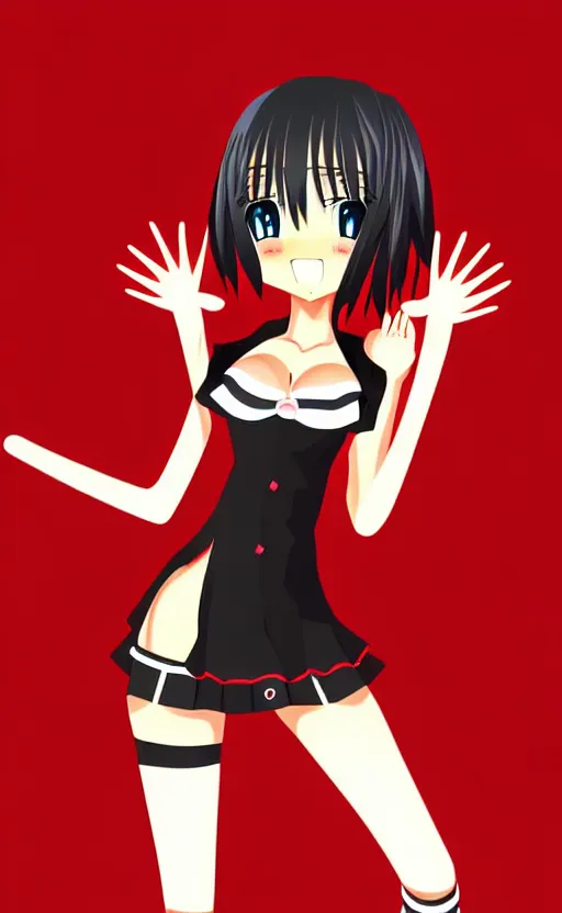 Image similar to anime girl with a detailed face and black hair in a red outfit, full body, trending, vector art, illustration,