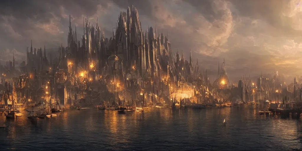 Prompt: beautiful matte painting of a port city by weta workshop 8 k, cinematic dramatic atmosphere, dramatic lighting