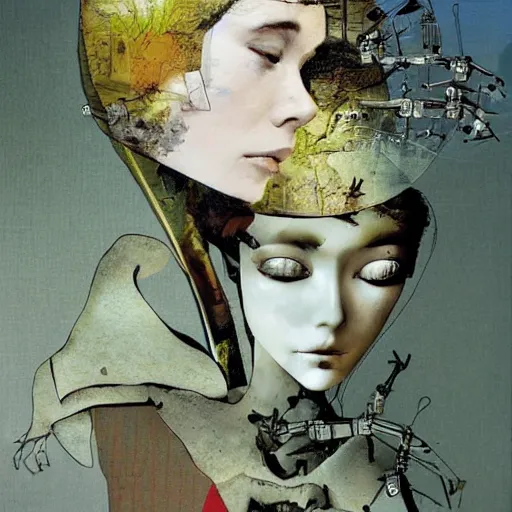 Image similar to a naive woman with a memory that survives the reset of the world, and a small robot bird on her shoulder, collage artwork by dave mckean and yoshitaka amano