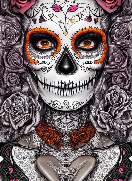 Image similar to portrait of a sugar skull, neon eyes, intricate, highly detailed, smooth, digital illustration, artstation, the dark and quirky art of scott radke