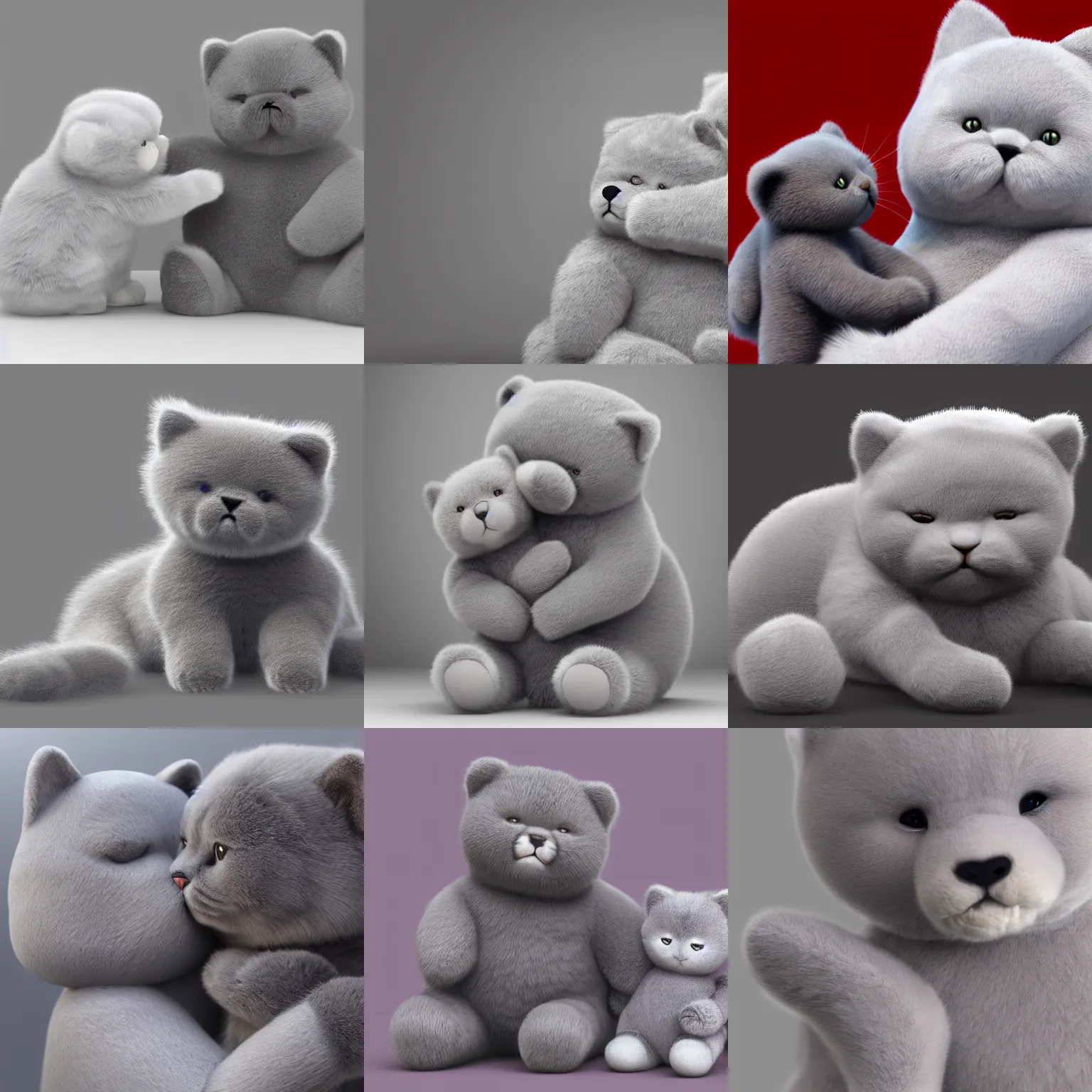 Prompt: realistic image of a gray british shorthair cat hugging a fluffy teddybear, hd, artstation, award winning, 4k wallpaper