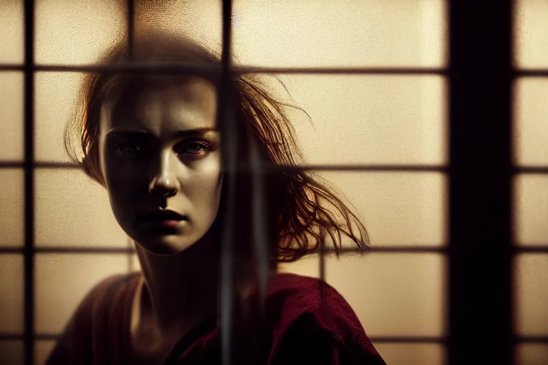 Prompt: an ultra realistic, cinematic, close up portrait, of a young woman, looking in the window, fire, dramatic, soft light, dreamy, facial features, stood in a cell, wearing prison clothing, detailed, deep focus, movie still, dramatic lighting, ray tracing, by michal karcz and yoshitaka