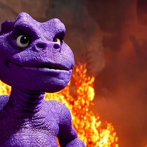 Image similar to Barney the purple dinosaur drowning in lava clutching the one ring, high resolution movie still, film by Peter Jackson