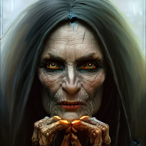 Prompt: portrait of a baba yaga, dark, piercing eyes, gentle expression, witchy clothing, photorealistic, highly detailed, artstation, smooth, sharp focus, art by michael whelan, artgerm, greg rutkowski and alphonse mucha