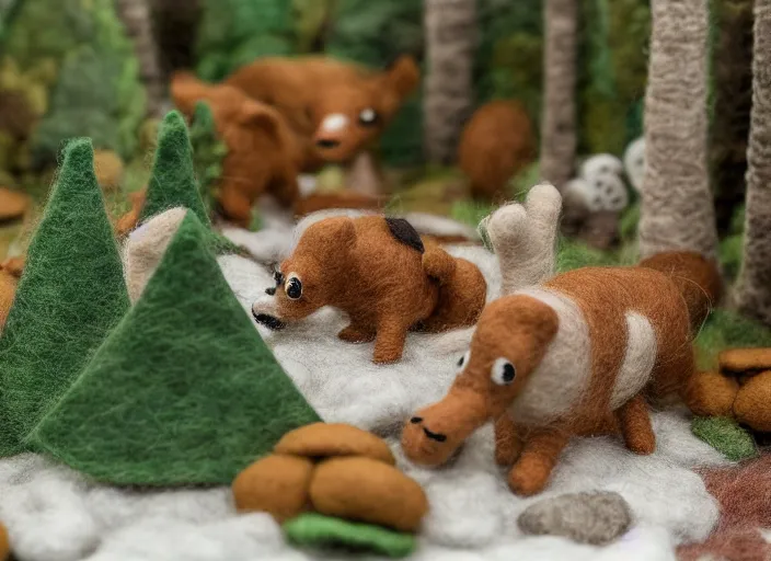 Image similar to high - res photograph of a felt sculpture diorama with cute fluffy forest critters, highly detailed sculpey diorama, forest setting, waterfall backdrop, realistic materials, wood, felt, cloth, burlap, smooth, sharp foccus, commercial product photography,