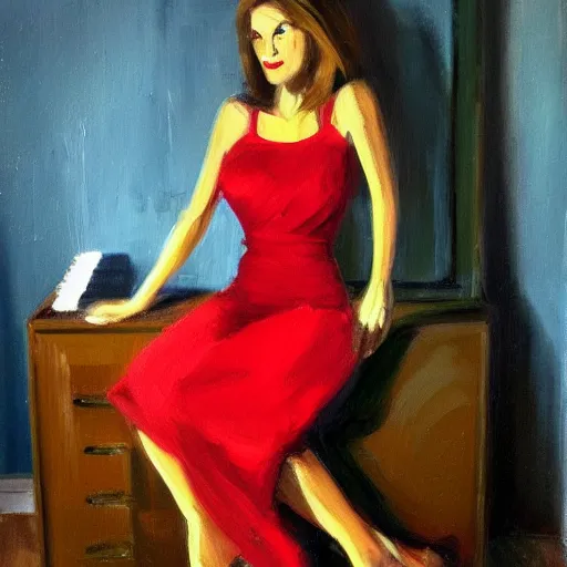 Prompt: an oil on canvas painting of a beautiful feminine woman from the 90's, red dress, leaning against the wall, 90's living room, figurative art, old computers, CRT screens, fine art, studio portrait, detailed, deviantart, cgsociety, chiaroscuro, acrylic art, by Elmer Bischoff, by Michael Garmash, by Edward Hopper