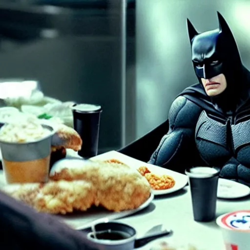 Image similar to Hyper-realistic photo of Ben Affleck's Batman eating at KFC. Extremely detailed. Beautiful. 4K. Award-winning