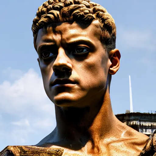 Image similar to rami malek as gorgeous statue of ancient roman emperor, 3 d photorealistic, high resolution render, museum photoshot, 8 k