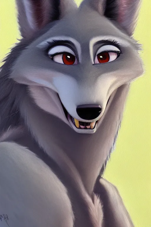 Image similar to oil painting of anthromorphic female wolf, in style of zootopia, female fursona, furry, furaffinity, 4 k, deviantart, furry art, fursona art, wearing black business suit, business suit, wolf fursona, female, very expressive detailed feminine face,