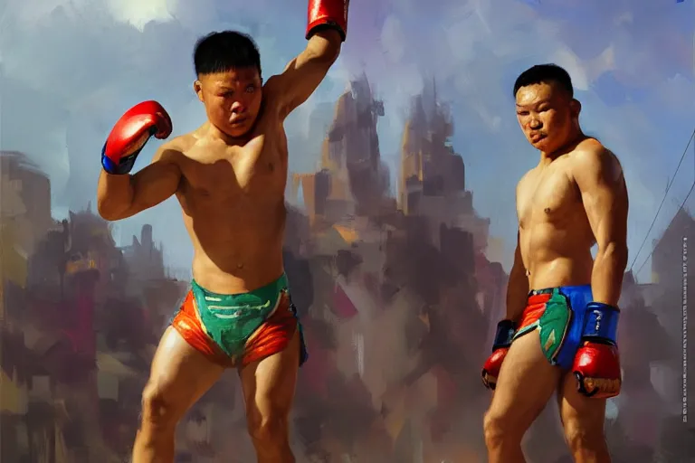 Prompt: greg manchess portrait of a filipino mma fighter victorious in arena, sunny day, matte painting, bold shapes, hard edges, street art, trending on artstation, by huang guangjian, gil elvgren, ruan jia, randy vargas, greg rutkowski